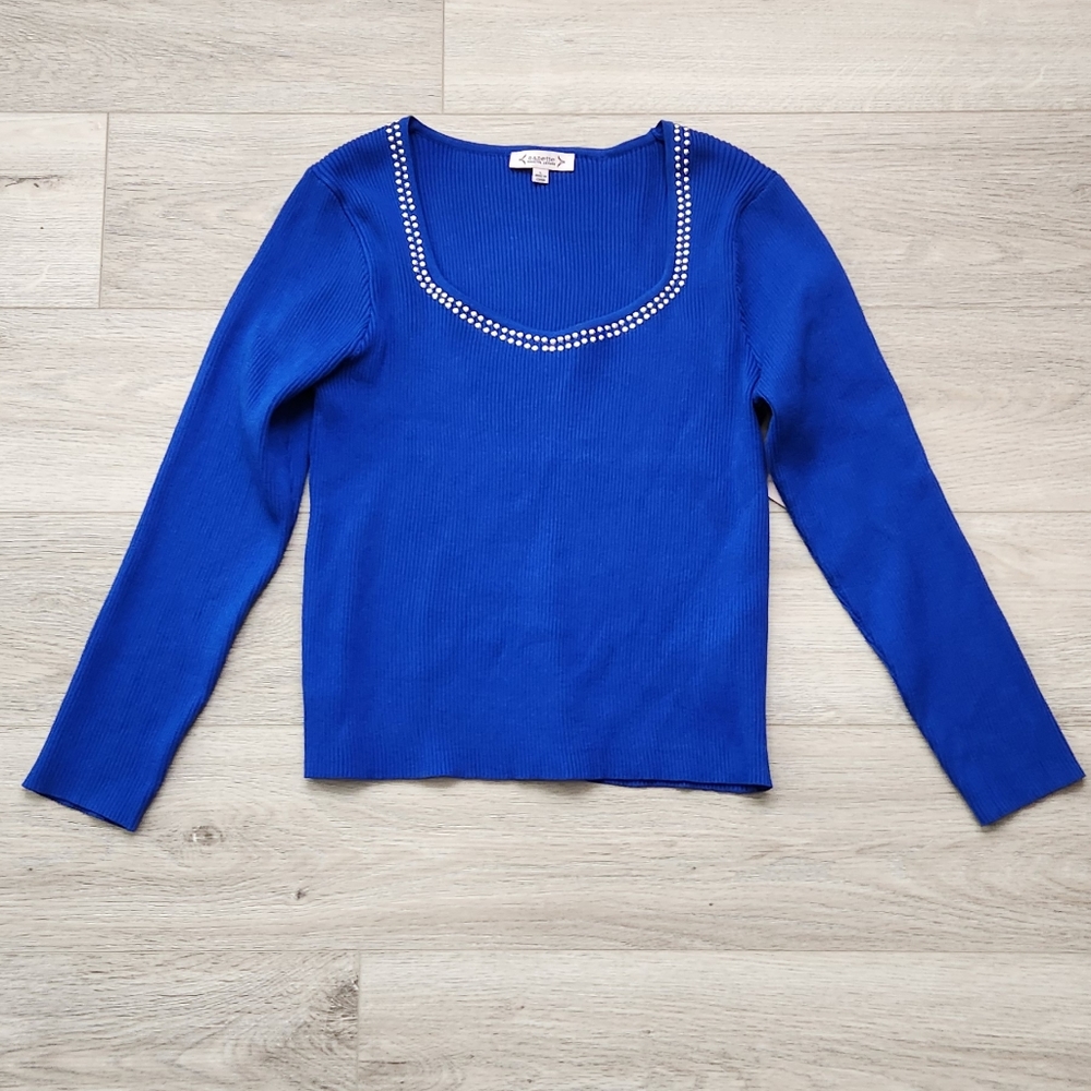 Nanette Lepore Blue Top Womens Large Silver Embellishment Long Sleeve Ribbed